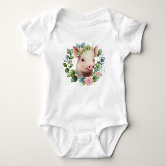 Body Baby Watercolor Piglet avec couronne de fleurs (Devant)