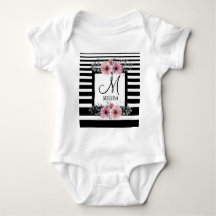 Bandes noires et blanches Monogramme floral rose