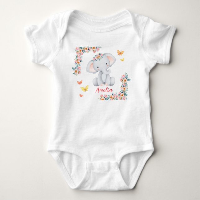 Body bébé à nom personnalisé Éléphant floral (Devant)