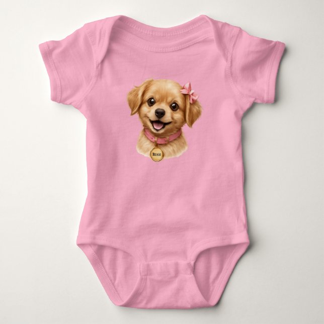 Body bébé 'Chiot Douce avec Nœud Rose' (Devant)