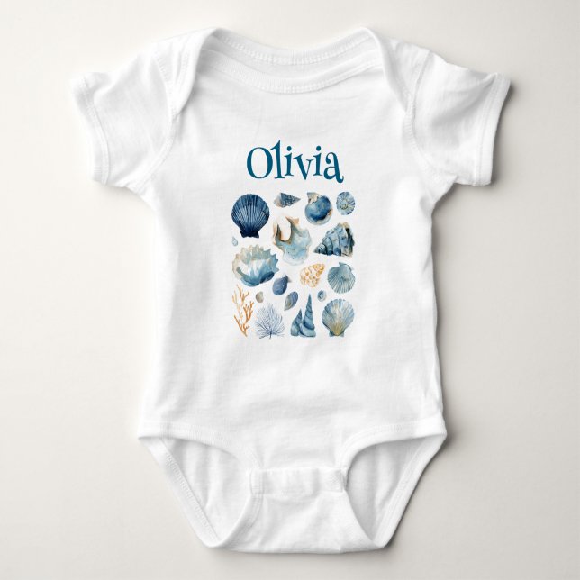 Body bébé Coquillage Bleu | Nom personnalisé (Devant)