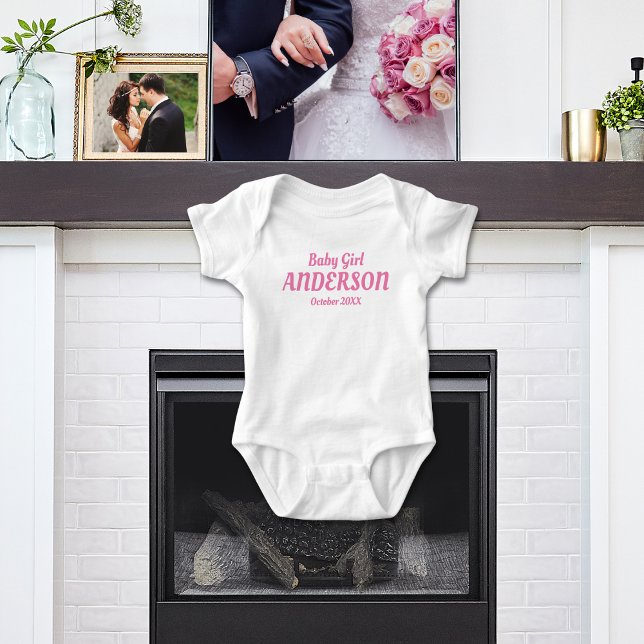 Body Bébé fille Faire-part de naissance - Nom, Mois, An (Baby Girl Birth Announcement White Bodysuit - Gift for Baby Shower)