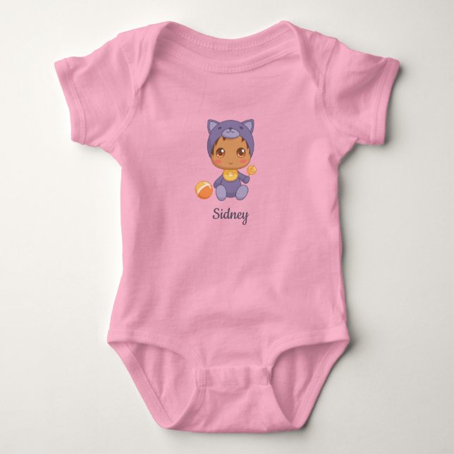 Body Bébé Garçon Fille Chat Violet Nom Personnalisé (Devant)