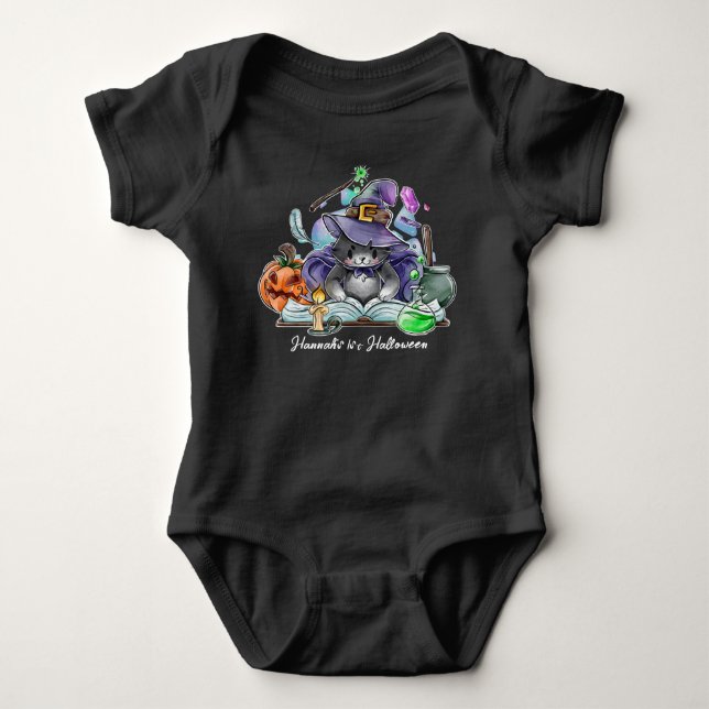 Body Bébé Halloween Chat Mignon Sorcière Nom Personnali (Devant)