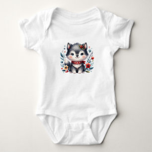 Body Bébé Loup Mignon avec des Fleurs   Art d'Animal Mi