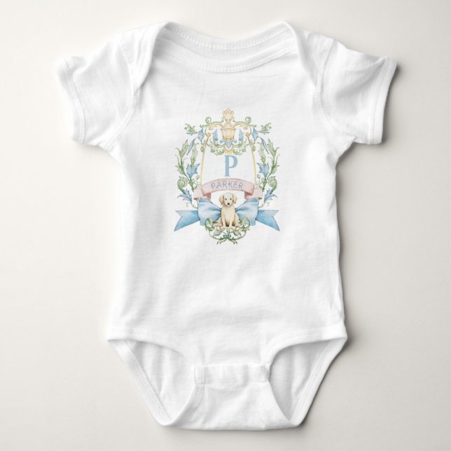 Body Blason de monogramme pour bébé avec ruban bleu et  (Devant)