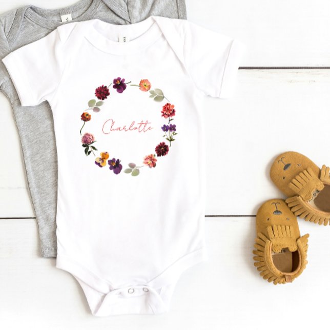 Body Boho Rustic Floral Wreath Aquarelle Nom du script (Baby Bodysuit)