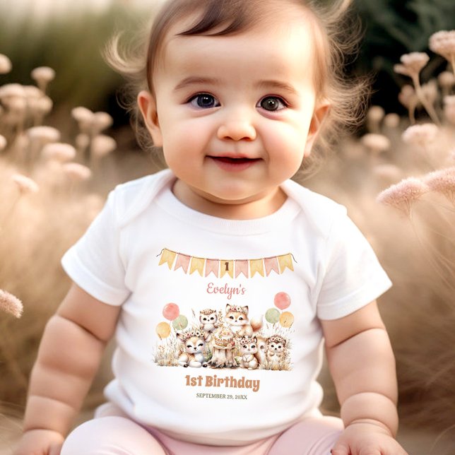 Body Bois Animaux Boho Nom Fille 1er anniversaire (Woodland Animals Boho Name Girl 1st Birthday Baby Bodysuit)