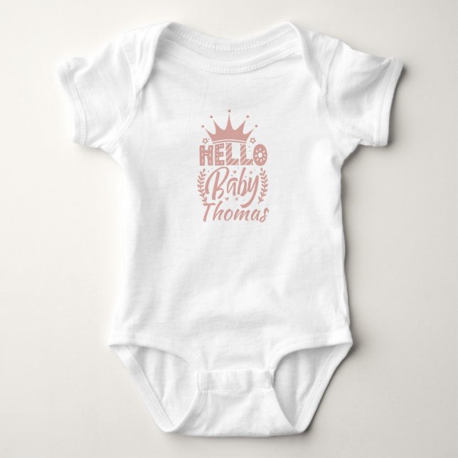 Body Bonjour Bébé avec Couronne Nom du Bébé, Rose Pâle (Devant)