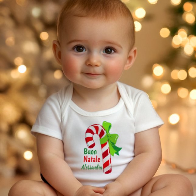 Body Buon Natale Candy Cane - Italian Merry Christmas (White baby bodysuit with candy cane tied in green bow, festive Italian Merry Christmas design for in)
