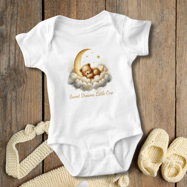 Body Cadeau de Baby Shower Ourson Dormant sur Nuage de  (Sleeping Baby Bear on Cloud and Crescent moon. Gold White. Baby Shower Gift, Gift for new baby)
