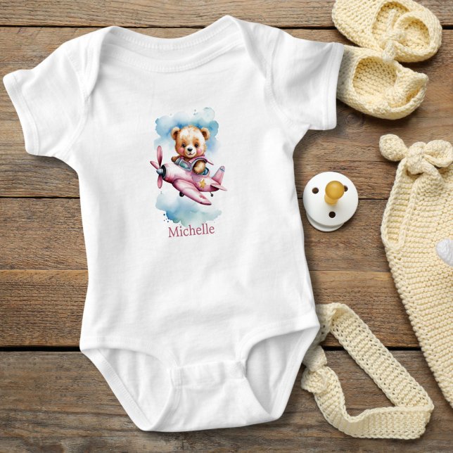 Body Cadeau pour bébé fille ours rose dans un avion (Baby Girl Bear Flying Pink Airplane, Personalized Body suit. Baby Shower gift, new baby girl gift)