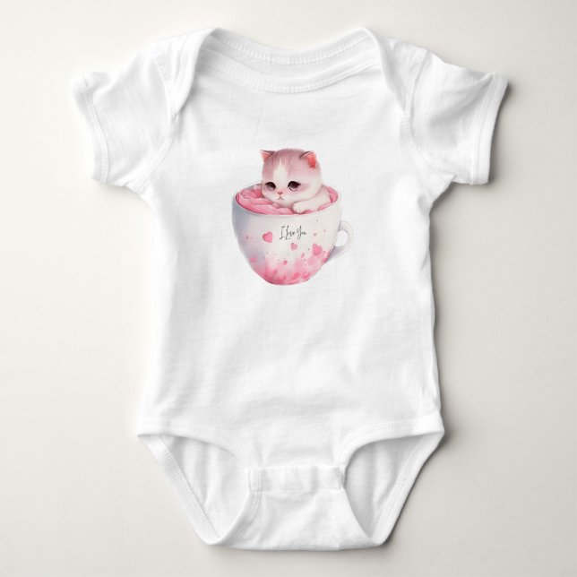 Body Chat blanc-rose mignonne dans une tasse de thé (3) (Devant)