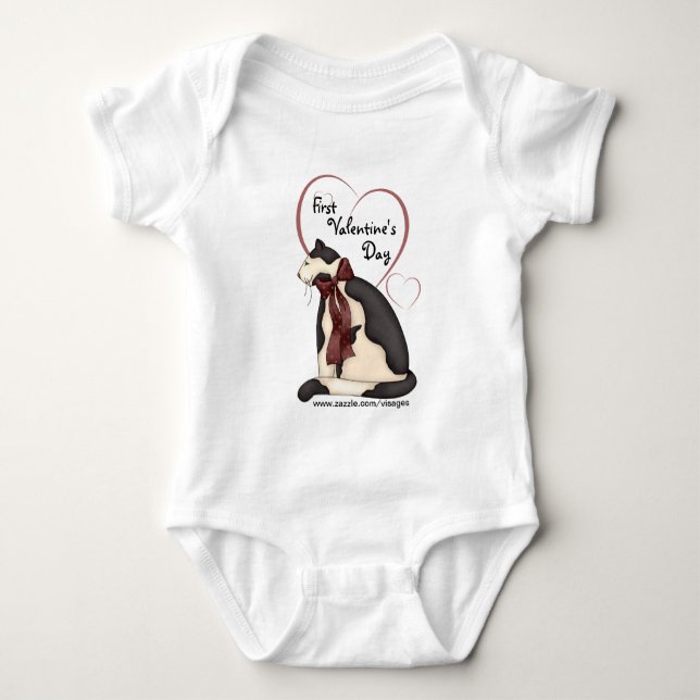 Body Chat Kitty Noir & Blanc avec Coeurs Chemises bébé (Devant)