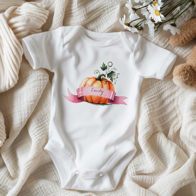 Body Citrouille orange et rose personnalisé (Pumpkin one piece for baby personalized with name by VG Invites)