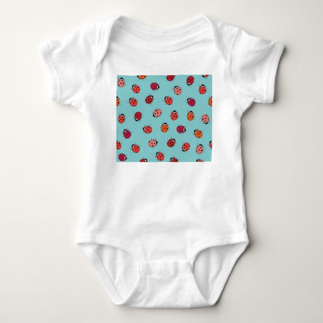 Body Coccinelles, fond bleu, patte sans couture charman (Devant)