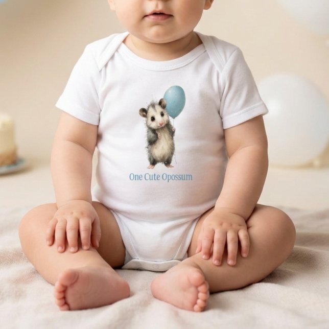 Body Combinaison anniversaire d'opossum • Tenue d'anima (birthday romper with watercolor opossum holding balloon on soft neutral background)