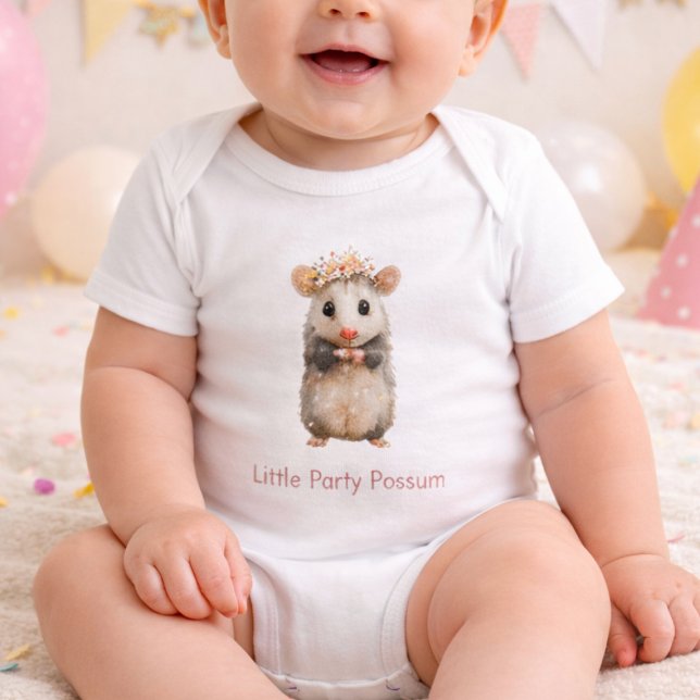 Body Combinaison anniversaire opossum • Tenue d'animal  (cute baby romper with watercolor opossum illustration on soft party background)