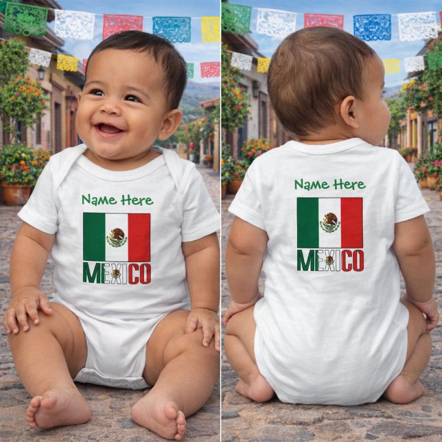Body Conception de nom de drapeau du Mexique personnali (Personalized baby bodysuit Mexican Flag and MEXIXO flag colors. Green name above. Design both sides.)