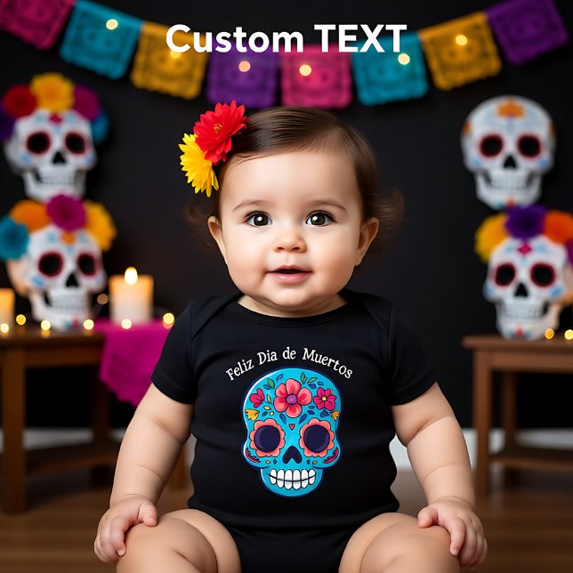 Body Crâne de sucre de bébé bleu 🌹texte personnalisé (🌹Blue Baby Sugar Skull 🌹custom text Baby Bodysuit)