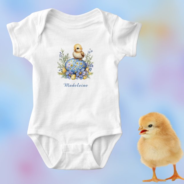 Body Cute Baby Chick Easter Egg Blue Yellow Monogram (Créateur téléchargé)