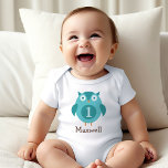 Body Cute Blue Owl Nom du garçon Première fête d'annive<br><div class="desc">Les couleurs de la chemise de hibou sur mesure comprennent l'aqua,  le bleu clair et le marron.</div>