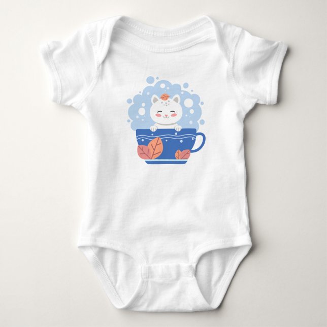 Body Cute Kawaii Cat in a Blue Teacup Baby Bodysuit (Devant)