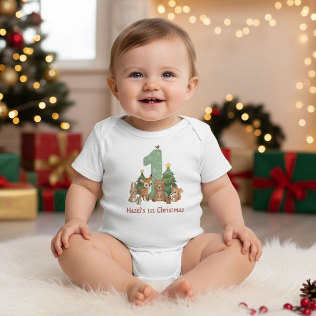 Body Cute Woodland Animals Baby First Christmas Green 1 (Créateur téléchargé)