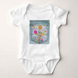 Body Denim Back Fleurs de poche Paix Aimer Espoir