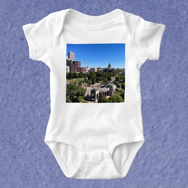 Body Denver Colorado Landscape Capitol Building Photo (A baby bodysuit with a photograph of downtown Denver, Colorado on a sunny day.)