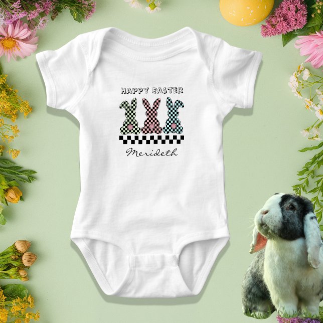 Body Easter Bunny Checkerboard Pink Green Teal Monogram (Créateur téléchargé)