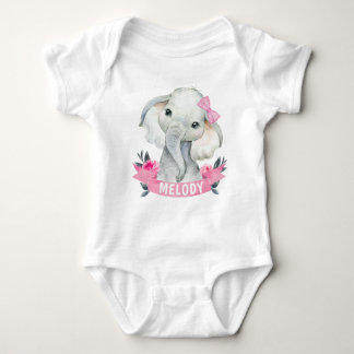 Body Eléphant rose fille avec nom personnalisé Roses