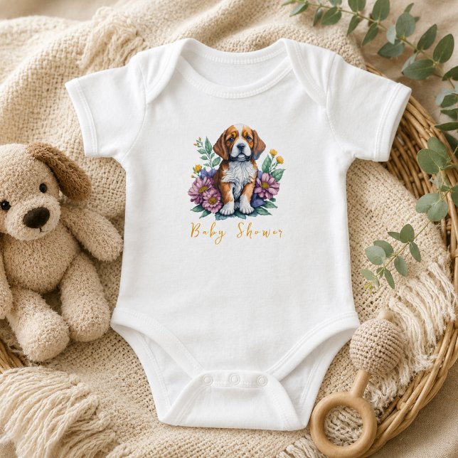 Body Fête de Naissance Moderne Chiot en Terre Cuite (Modern Puppy Dog Terracotta Baby Shower Bodysuit)