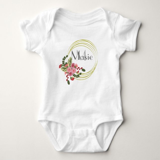 Body Fleur Rose Wreath Nom personnalisé Bébé Bodysuit (Devant)
