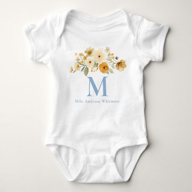 Body Floral Initial Baby Bodysuit | Blue Monogram Name (Devant)