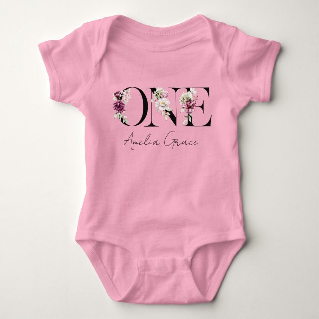 Body Floral ONE Baby Girl's 1st Birthday + Nom tenue (Devant)