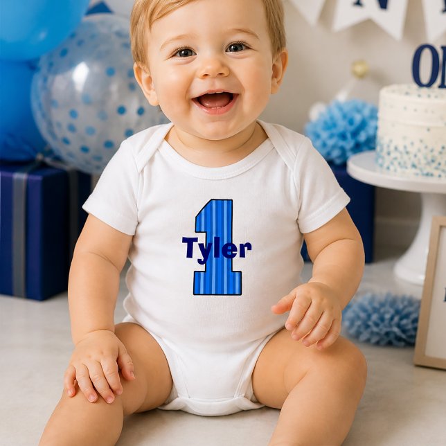 Body Garçon d'un an avec des rayures bleues (Blue Striped First Birthday Boy Baby Bodysuit)