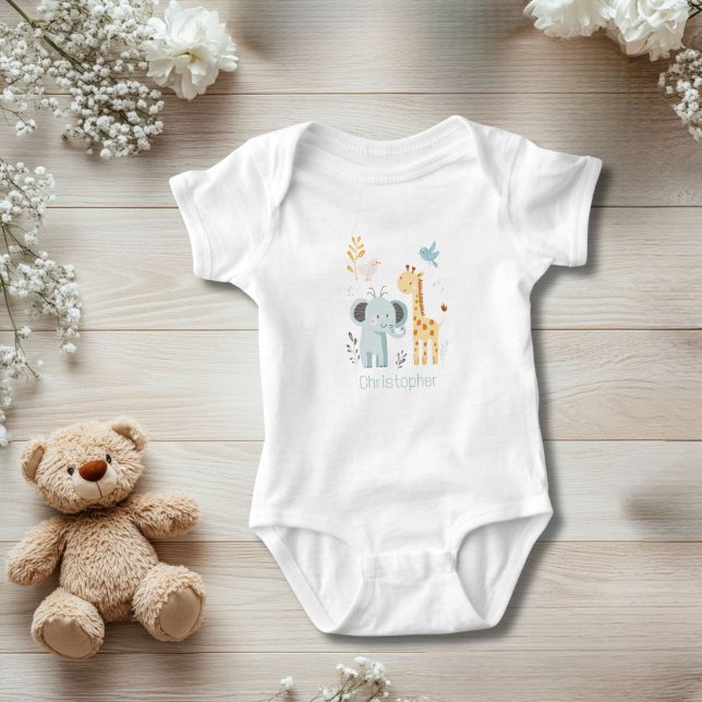 Body Giraffe Eléphant Personnalisée Animaux d'oiseaux G (Elephant Giraffe Bird Personalized Baby Body Suit for baby boy. Baby shower gift)