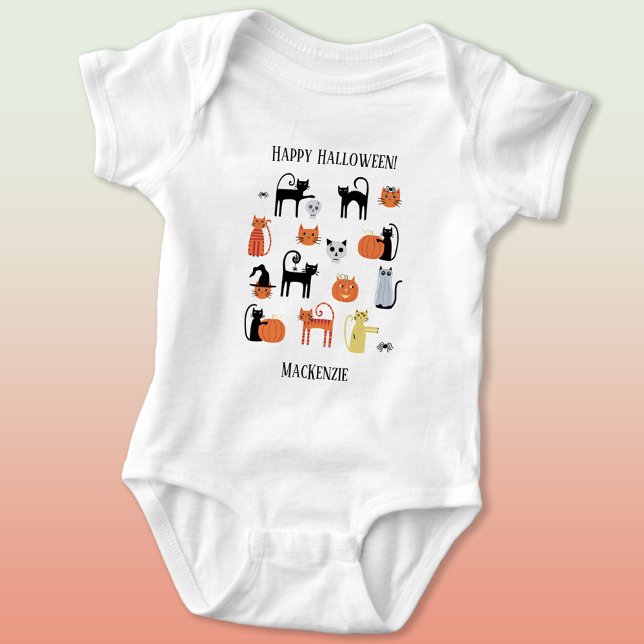 Body Halloween Chats Éffrayant Personnalisé (Fun personalized custom name Halloween cats baby bodysuit)