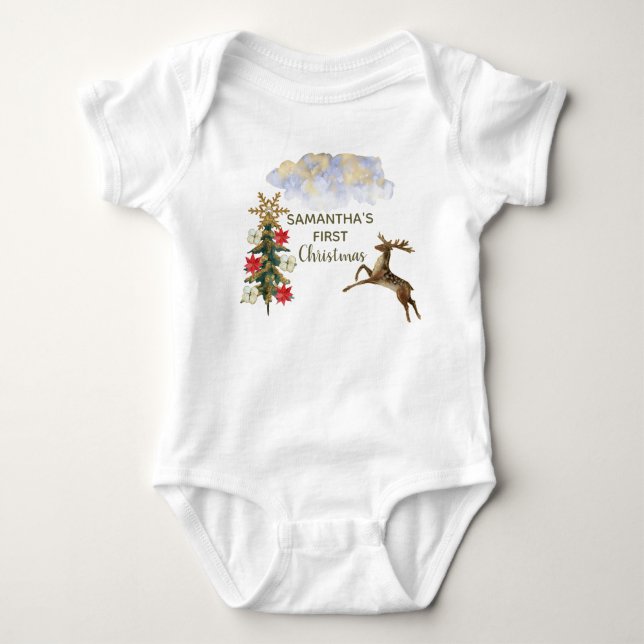Body Jolis arbres pailletés dorés Cerf Bébé Premier Noë (Devant)