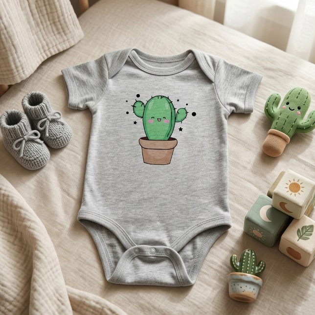 Body Joyeux cactus bébé souriant dans le vase avec les  (Cute smiling Kawaii Baby Cactus in vase with stars. Baby Grey Bodysuit)