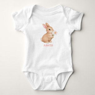 Body Lapin bébé avec nom de fleur rose