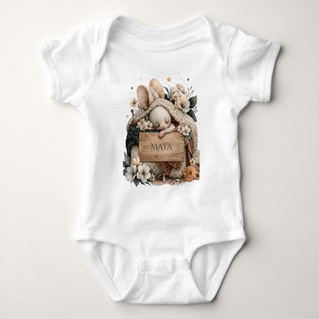 Body Lapin bébé endormi avec couverture tricotée et nom (Devant)