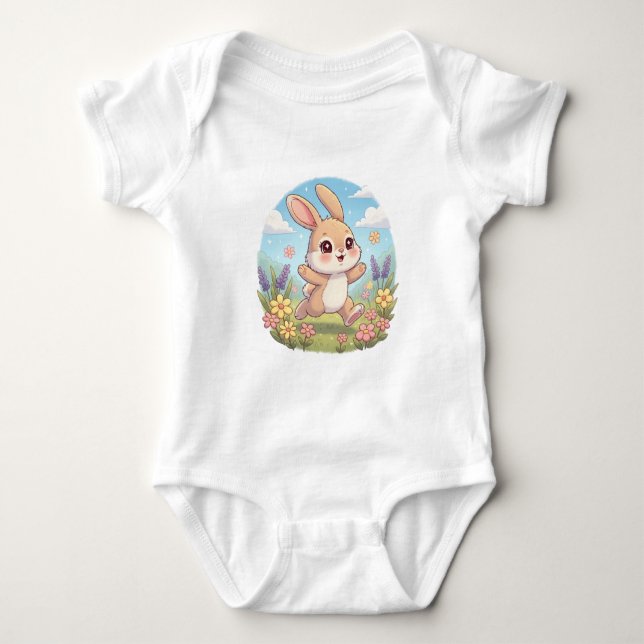 Body Lapin Mignon sautant dans un Champ de Fleurs (Devant)