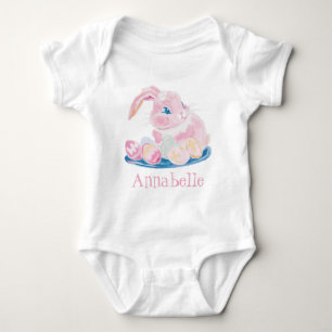 Body Lapin Rose Avec Oeufs De Pâques Fille Nom Blanc