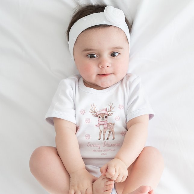 Body Le 1er Noël de bébé rennes rose en forêt  (Créateur téléchargé)
