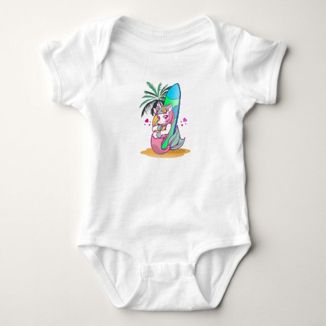 Body Licorne avec planche de surf sur la plage (Devant)
