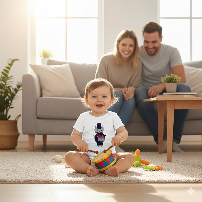 Body Marching Band Drummer Cat Navy Blue Red (A baby body suit with a cat playing the drums in a navy blue and red marching band uniform.)