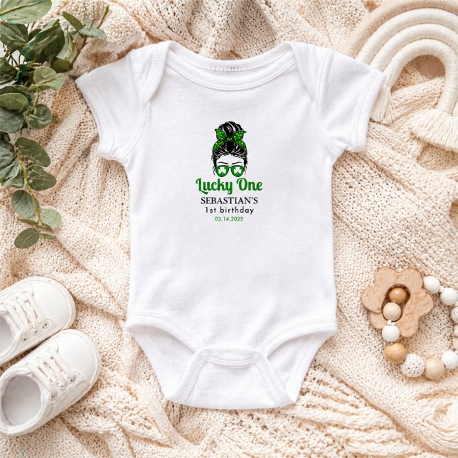 Body  Messy Bun Lucky One Fille 1er Anniversaire  (Messy Bun Lucky One 1st Birthday Girl Baby Bodysuit)