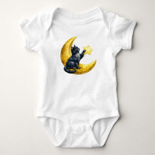 Body Mignon chat noir à l'aquarelle sur bébé croissant 